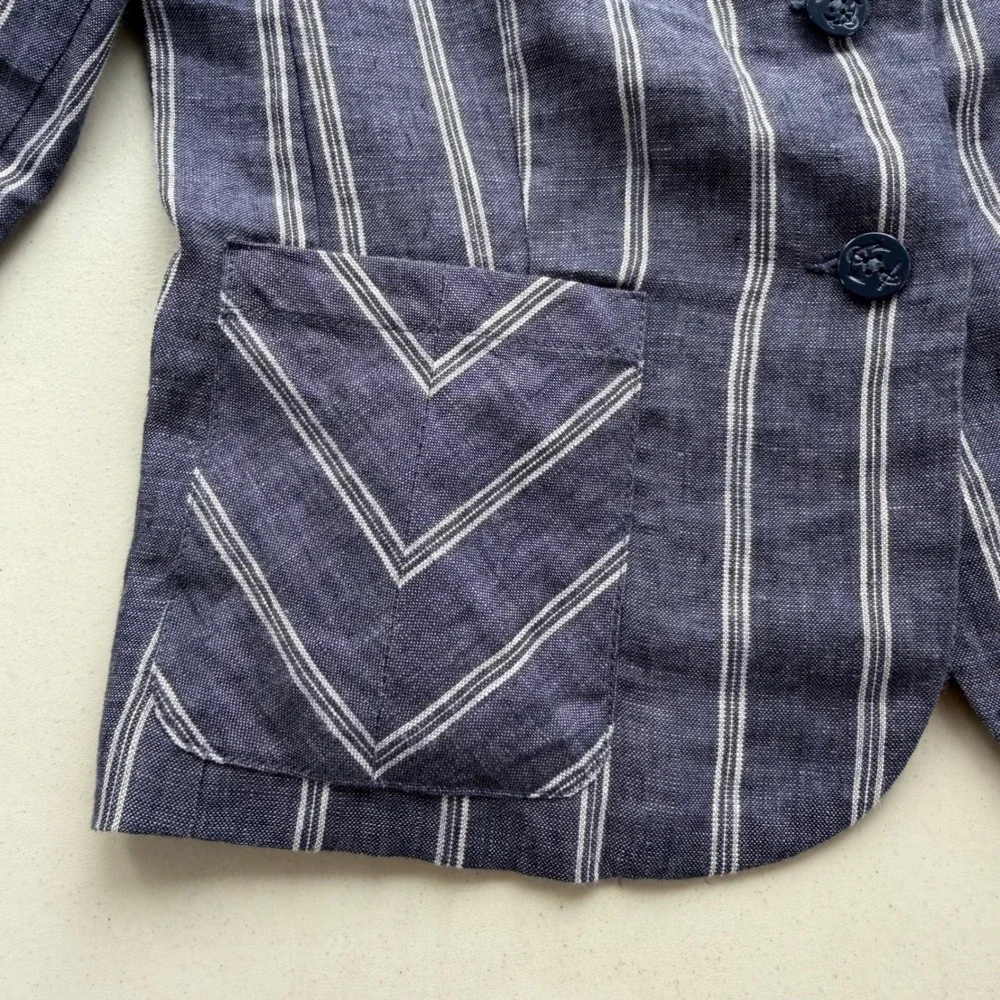Cabi Women 8 Navy Blue White Stripe 100% Linen Anchor Button Blazer 871 Nautical